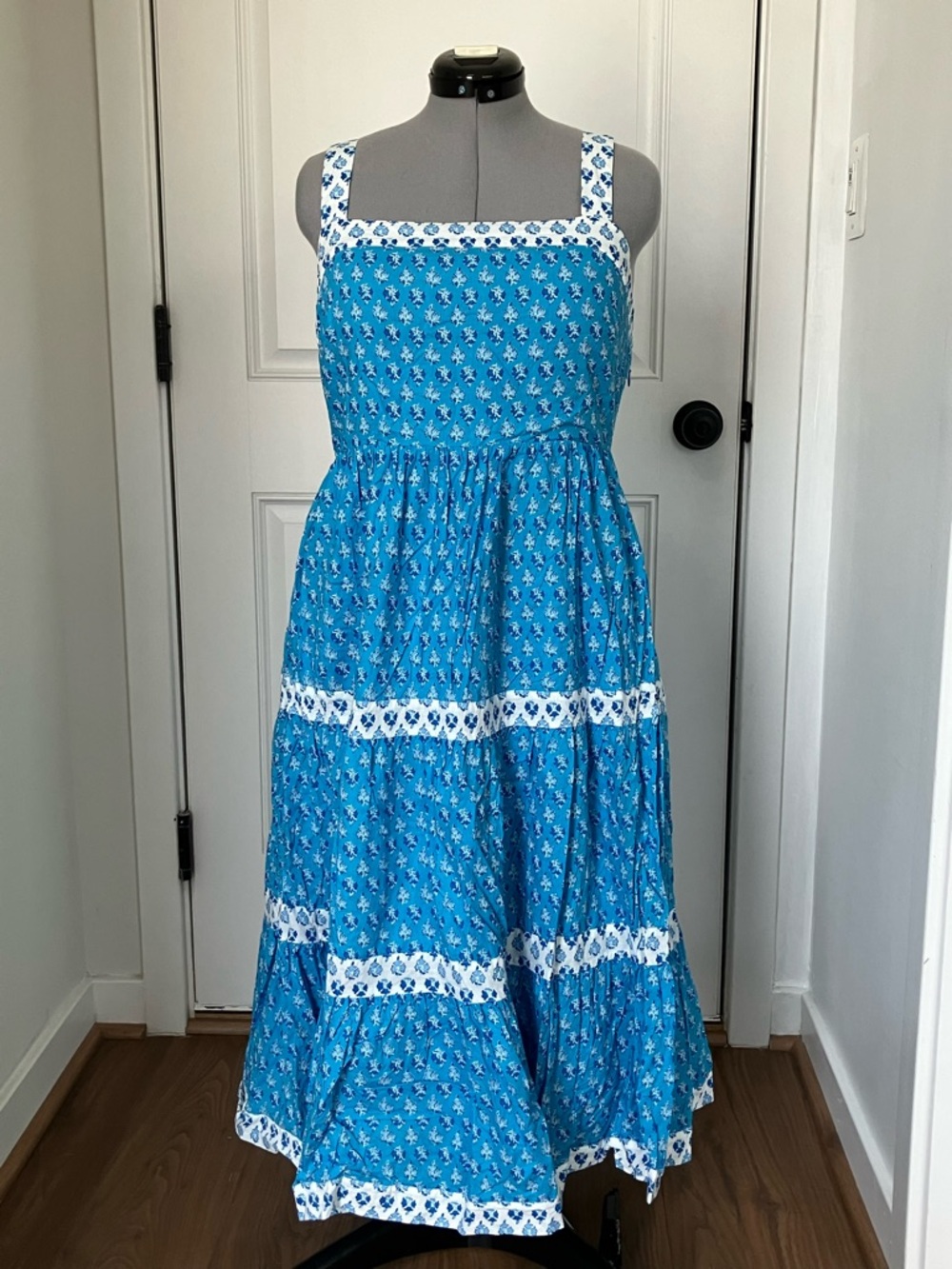 J. Crew Blue Floral Tiered Sundress with White Trim